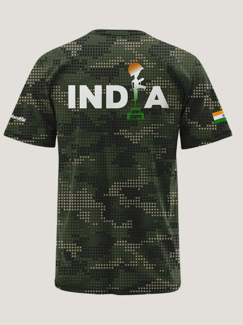Dark Green Camouflage Print Round Neck 180 GSM Dri-Fit T-Shirt | 'Amar Jawan' Patriot Tee