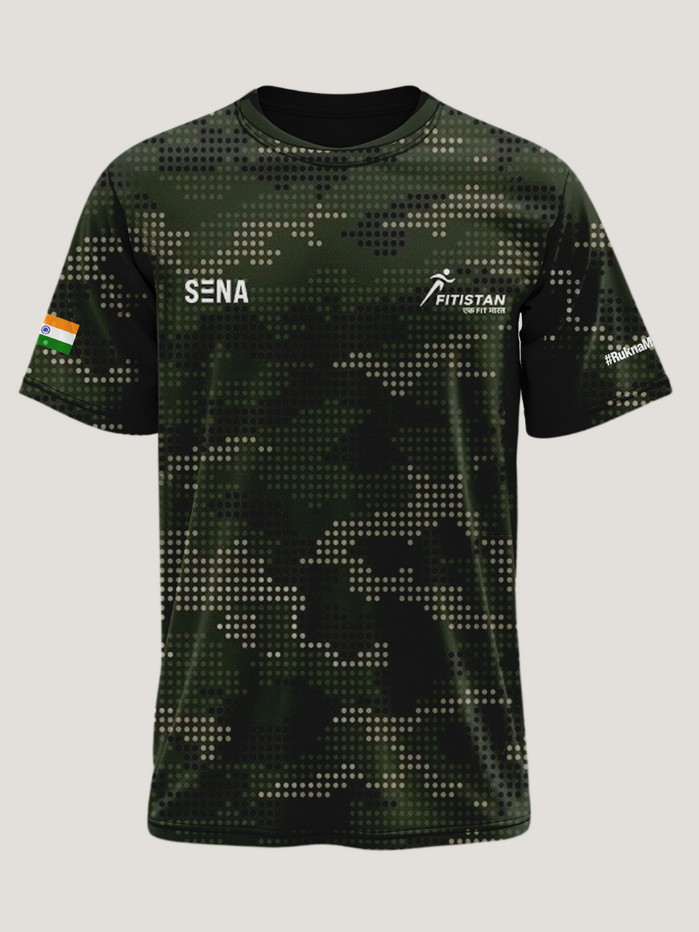 Dark Green Camo Print Round Neck Dri-Fit T-Shirt
