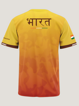 Yellow and orange sports jersey with 'Bharat' printed on the back, featuring the Indian flag design.