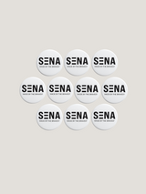 Multiple 'SENA' brand buttons on a light background