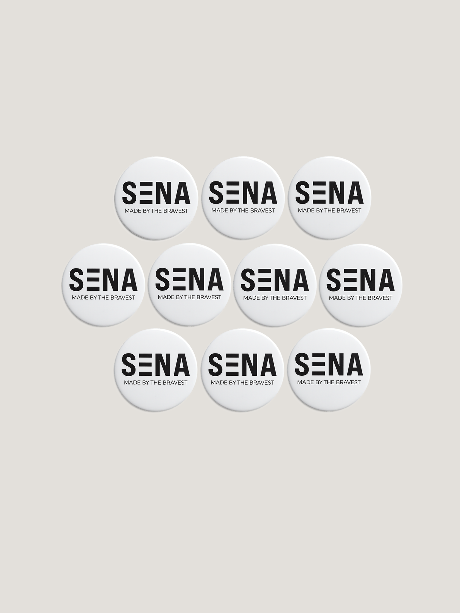 Multiple 'SENA' brand buttons on a light background