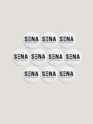 Multiple 'SENA' brand buttons on a light background